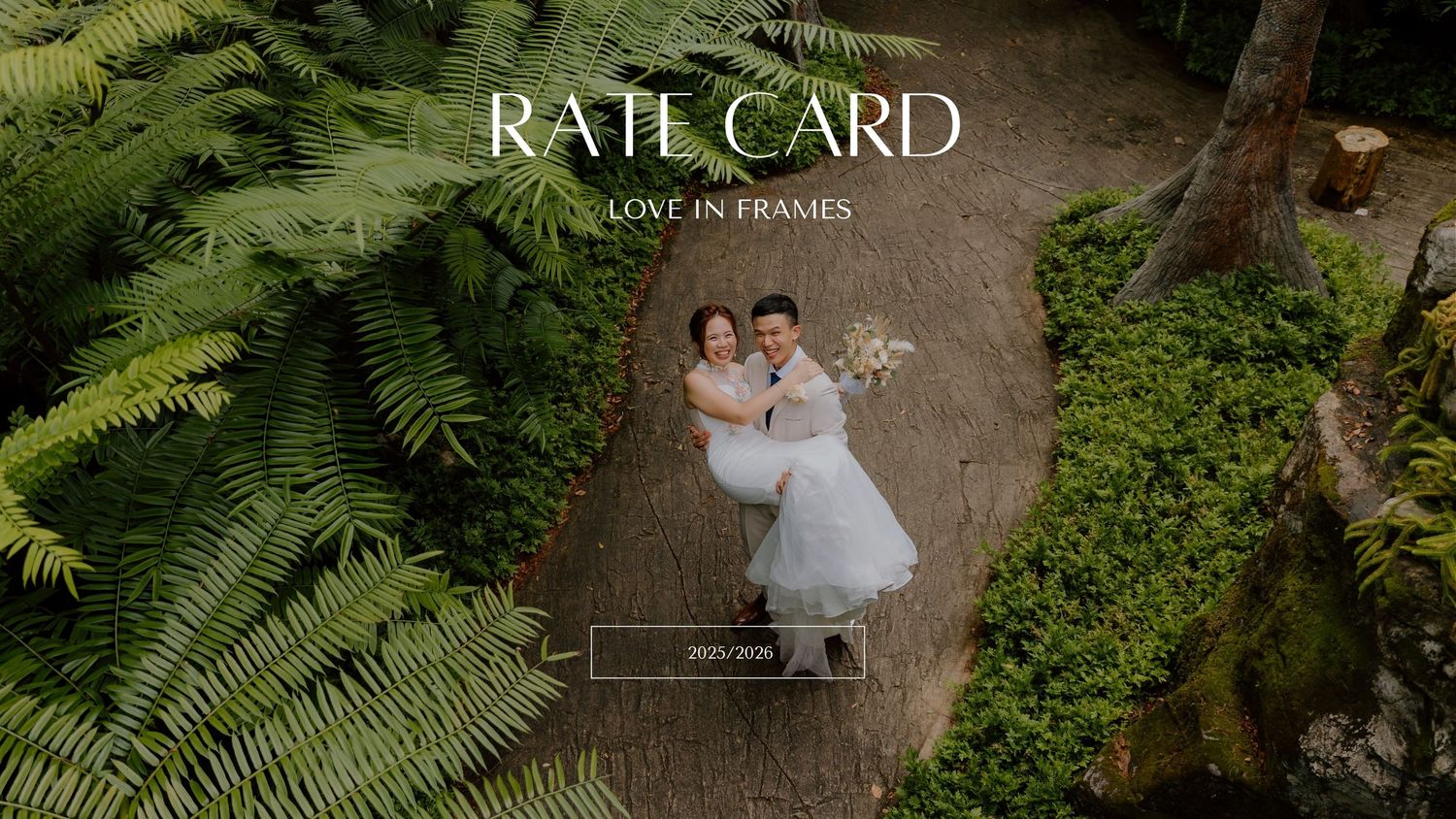Two wedding photography shots set in a lush green garden setting with elegant decorative details and formal attire.