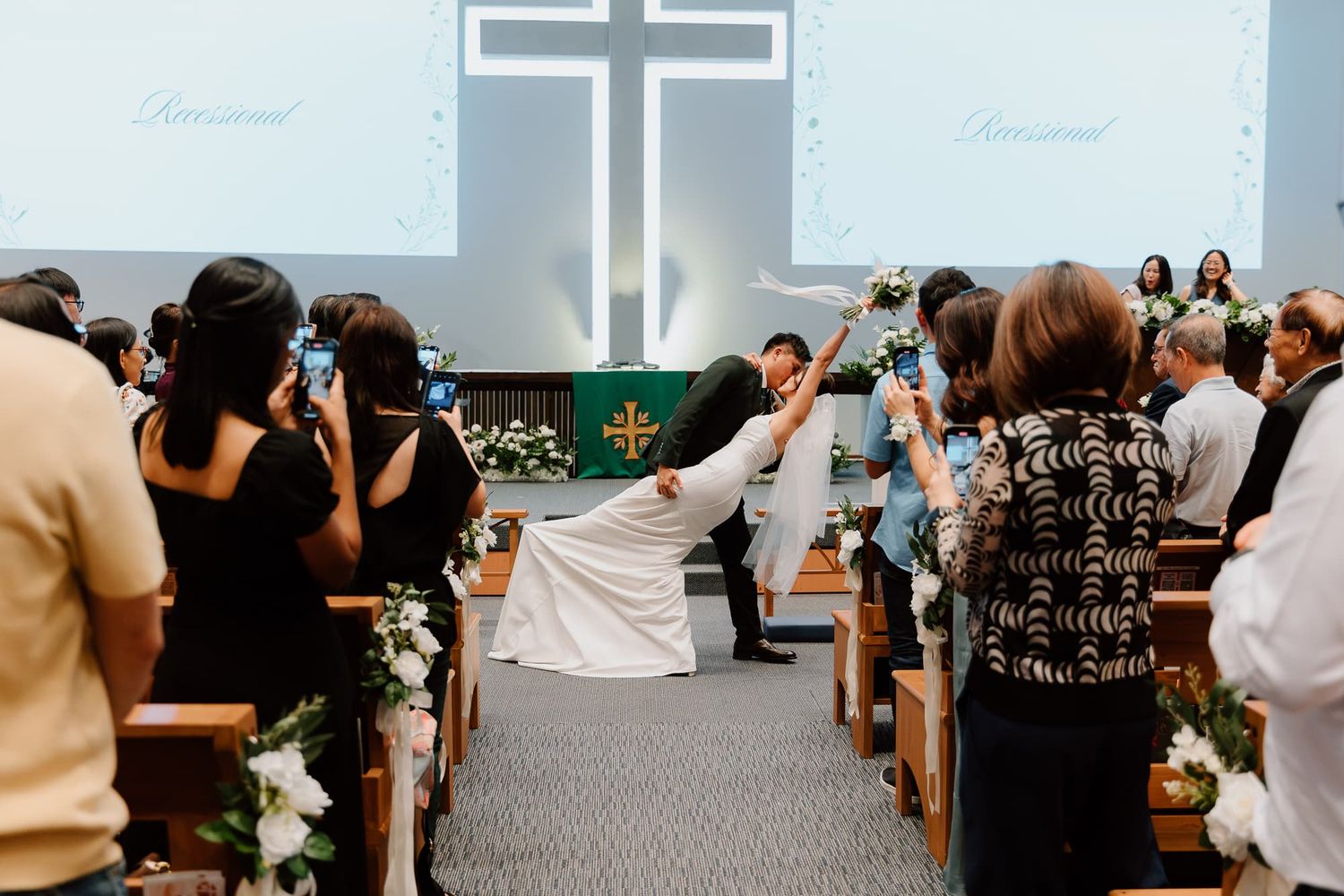 Collage of candid moments from a church wedding ceremony showing rows of pews and floral decorations.