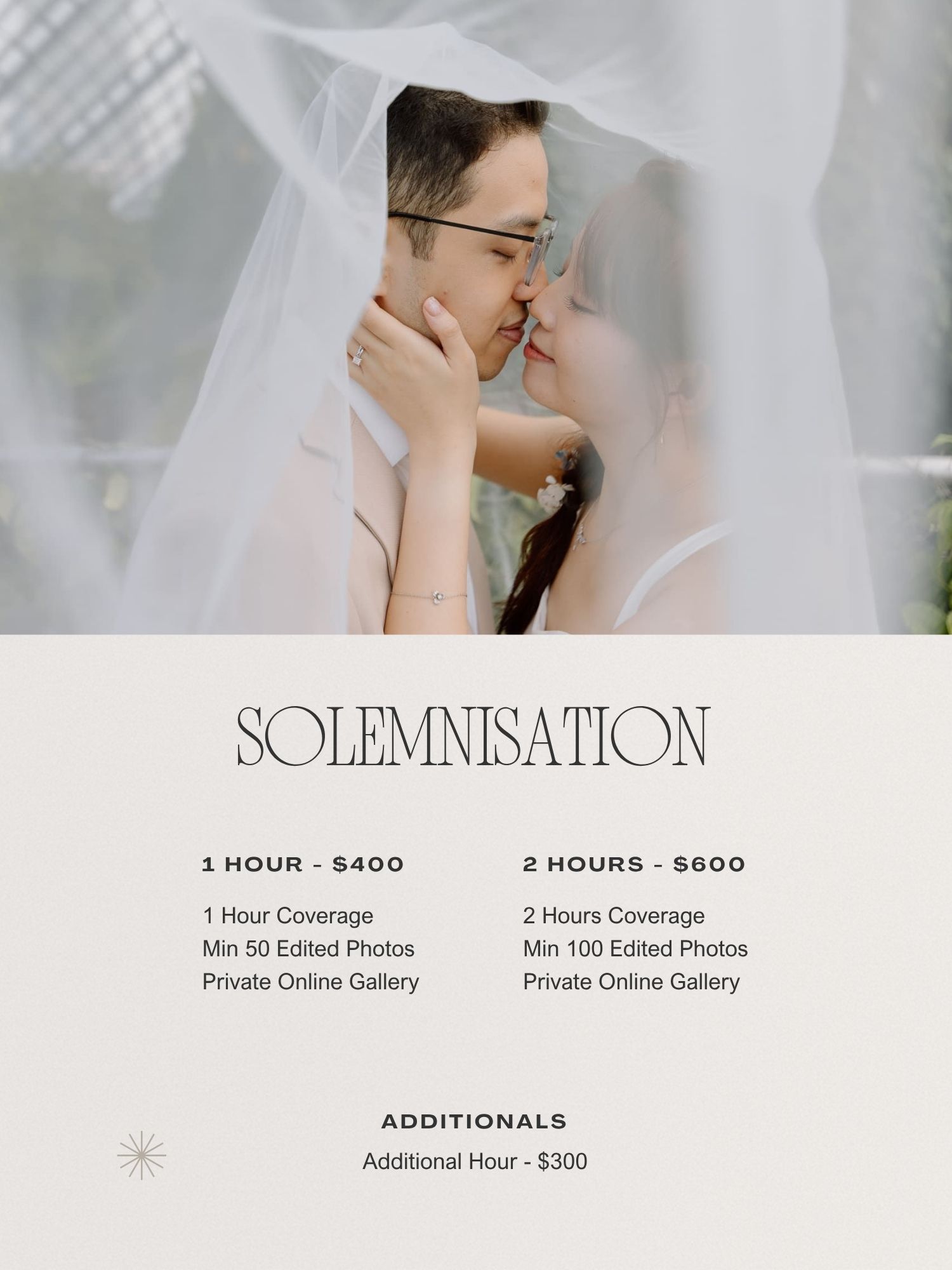 A romantic couple kissing under a white veil, featured on a solemnisation photography pricing package flyer.
