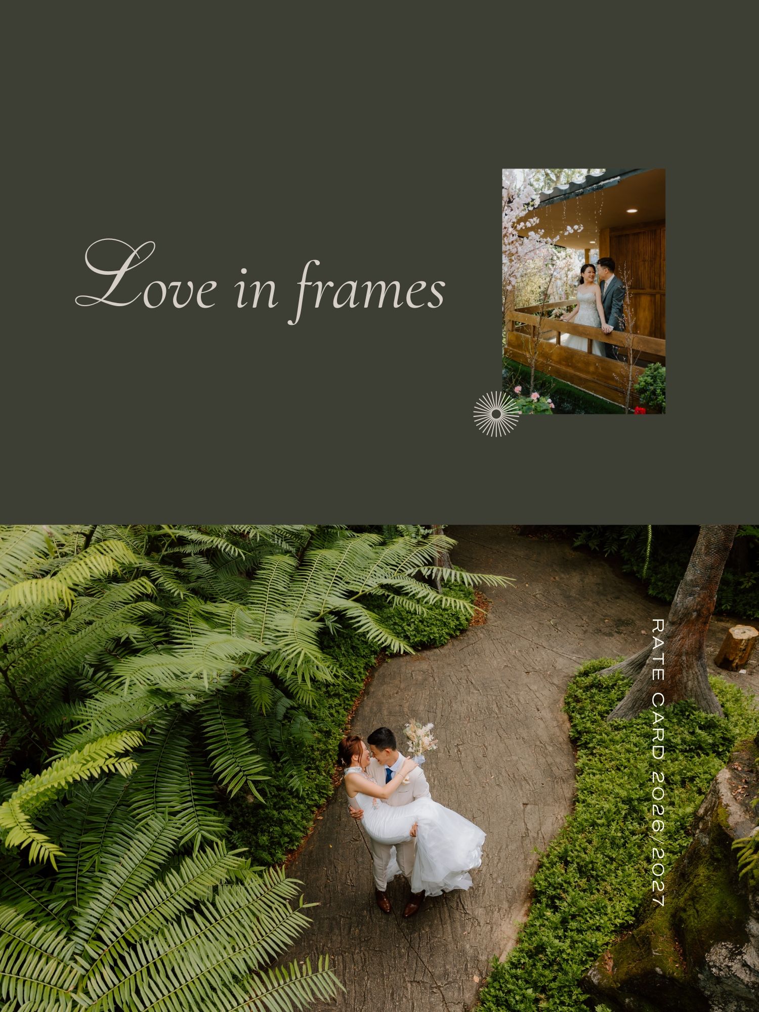 A wedding photography rate card featuring couples embracing in a lush garden path and near cherry blossoms.