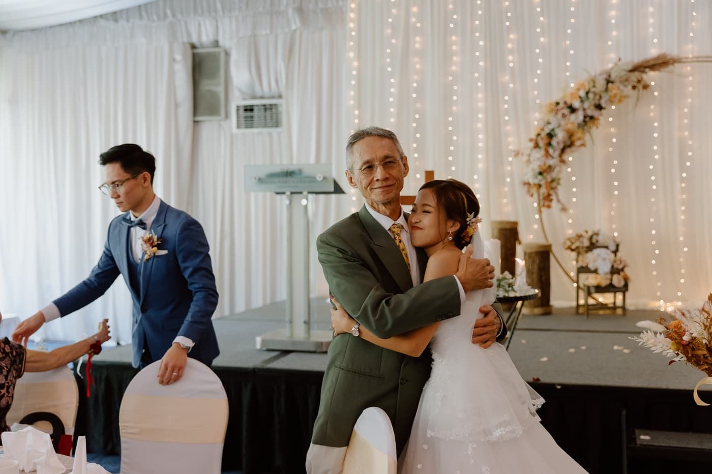 A series of candid moments during a wedding celebration in an indoor venue.