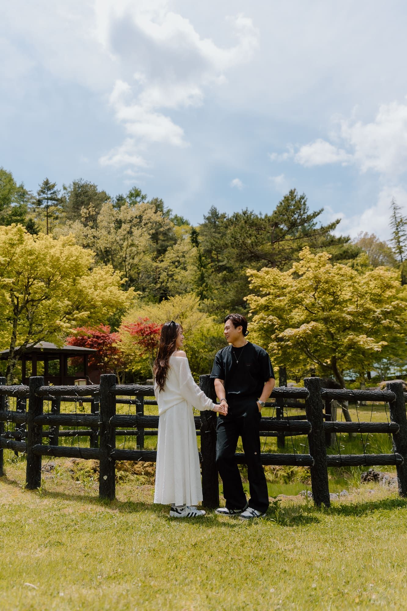 Couple holding hands by a wooden fence in a lush green park with colorful autumn trees under a cloudy sky.
