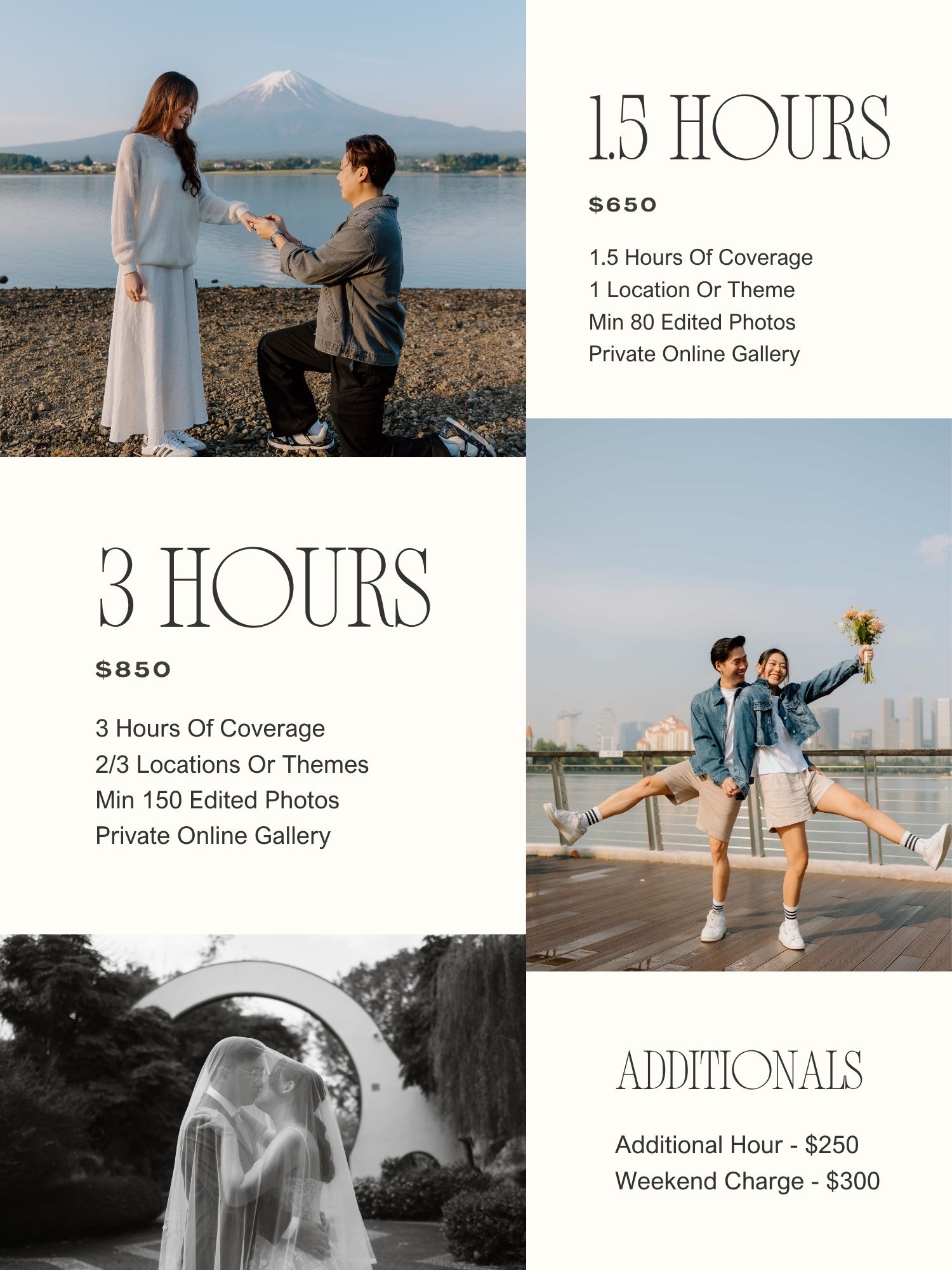 Photography pricing guide showing couples in romantic outdoor settings, with packages starting at $650 for 1.5 hours of coverage.