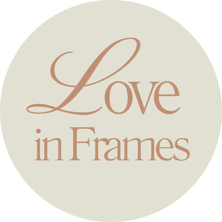 Elegant circular logo design featuring 'Love in Frames' text in rose gold script lettering on a light gray background.