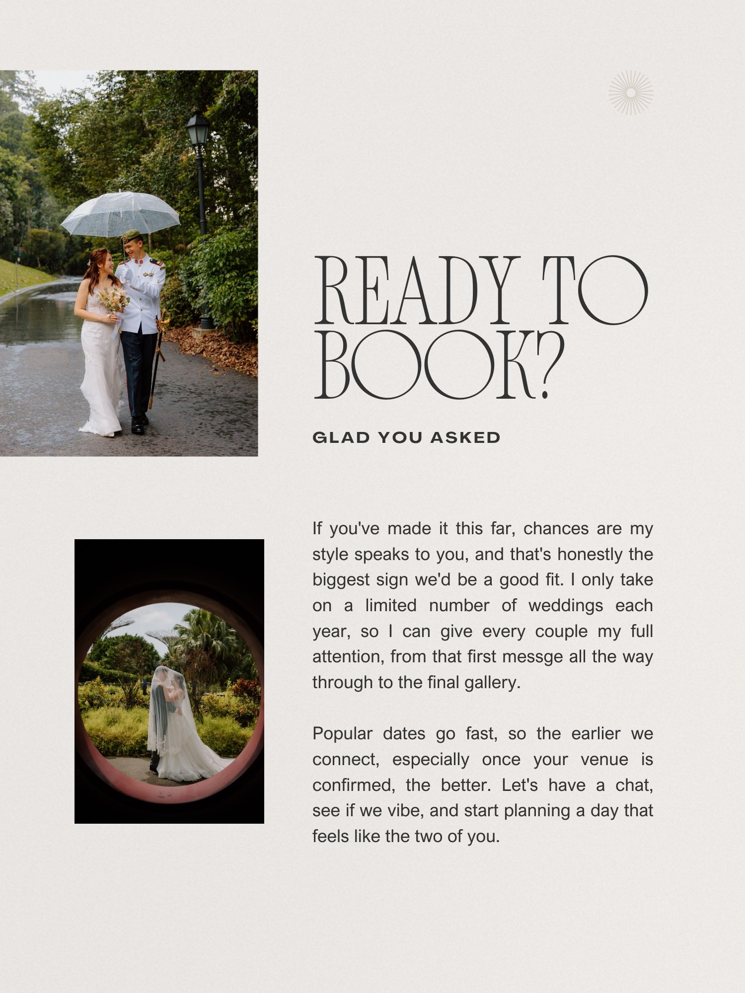 Couple embracing under umbrella in rain on wedding day, bride in white gown, groom in suit, lush green trees background.