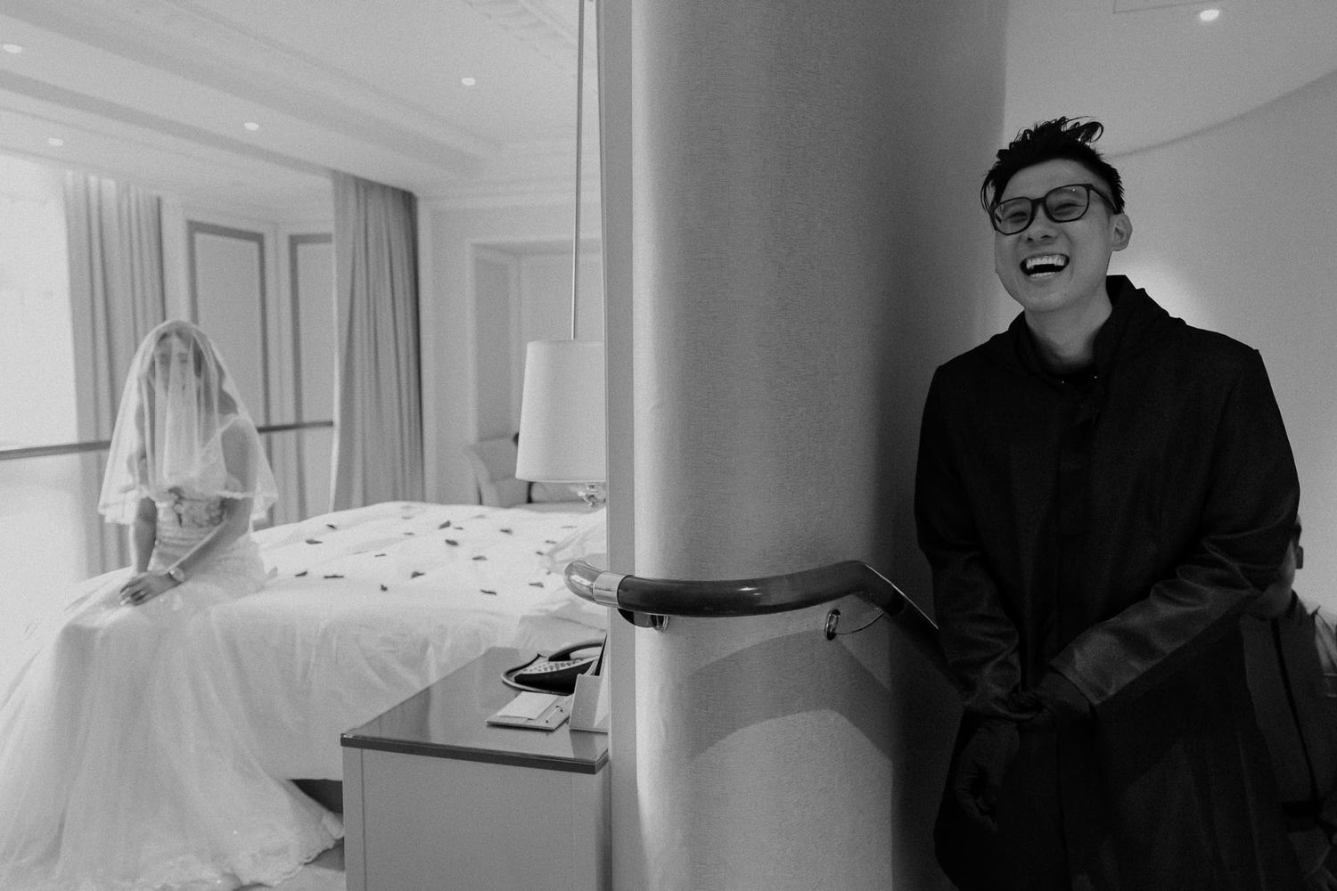 Modern wedding party photos captured in elegant black and white style.