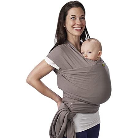 Soft gray stretchy baby wrap carrier shown being worn with an infant against the torso.