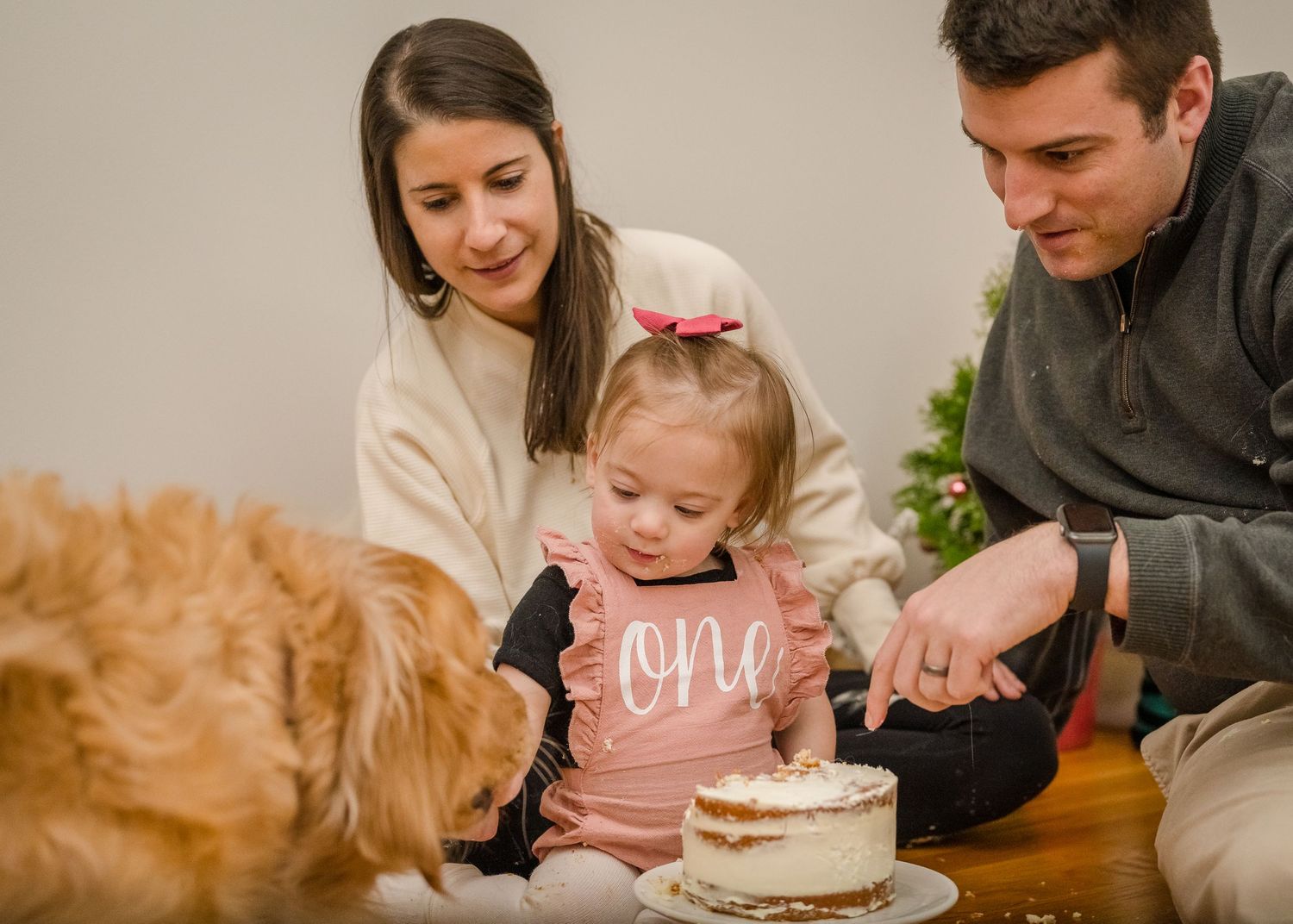 A family celebrates a first birthday with a small cake while their dog watches.