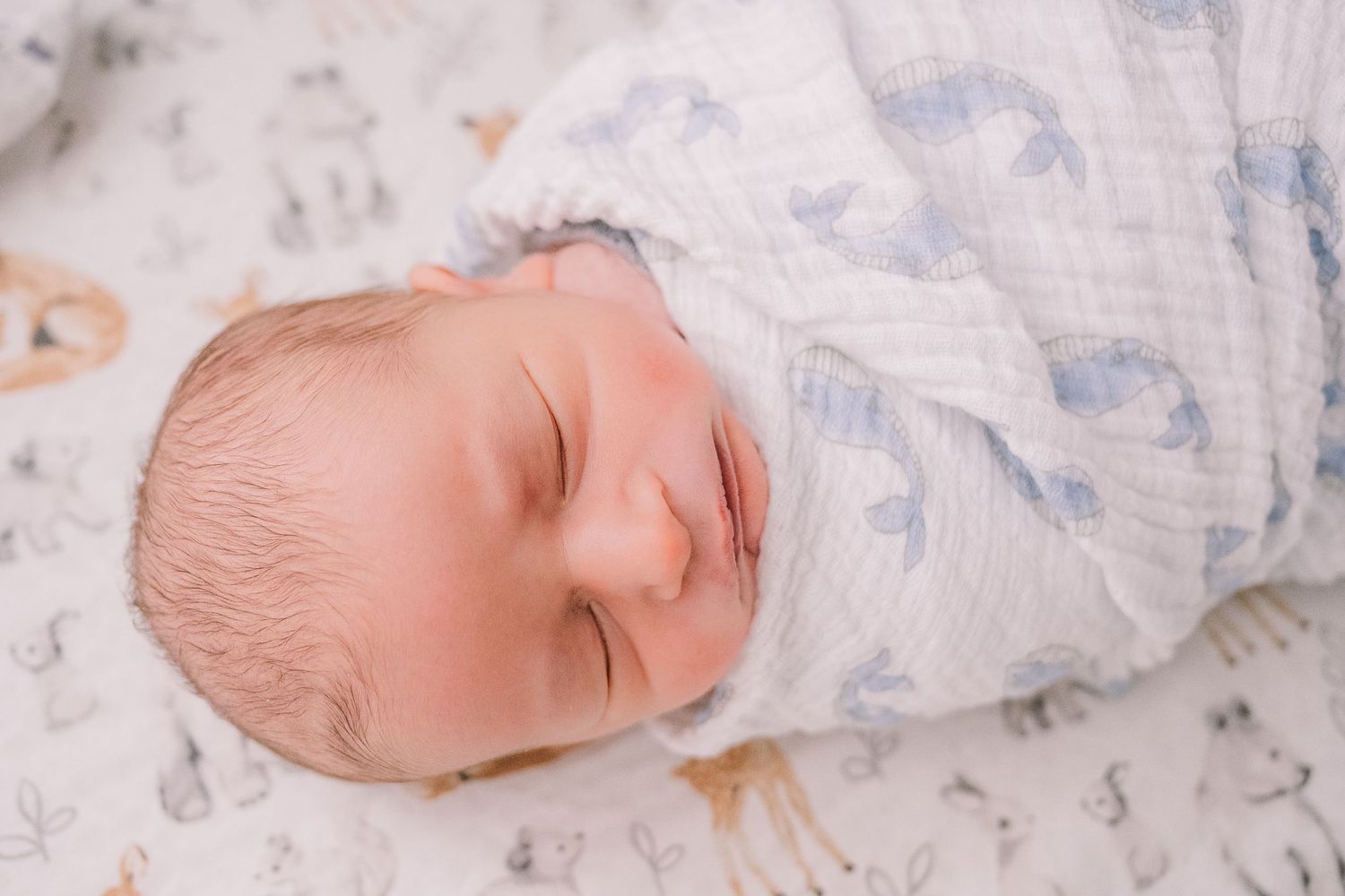 Peaceful newborn baby sleeping wrapped in soft patterned blanket on white textured surface.