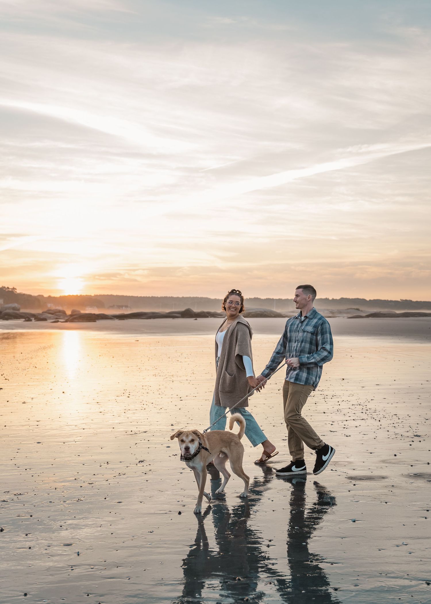 Couple walking dog on reflective beach at sunset.