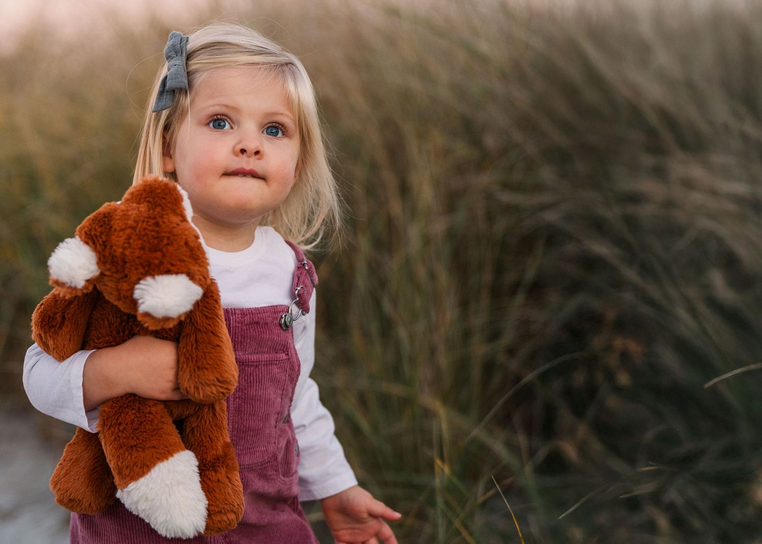 Child in a purple dress holds a brown and white stuffed fox plush toy while standing in tall grass at sunset.