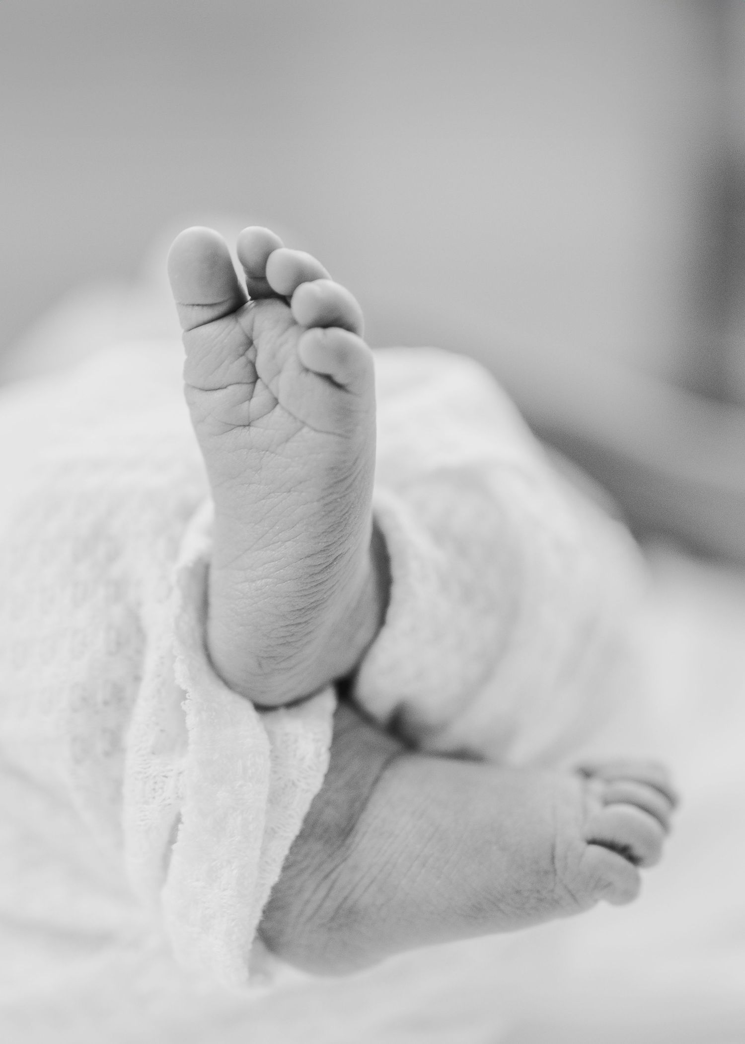 Black and white close-up photograph of tiny newborn baby feet on white fabric.
