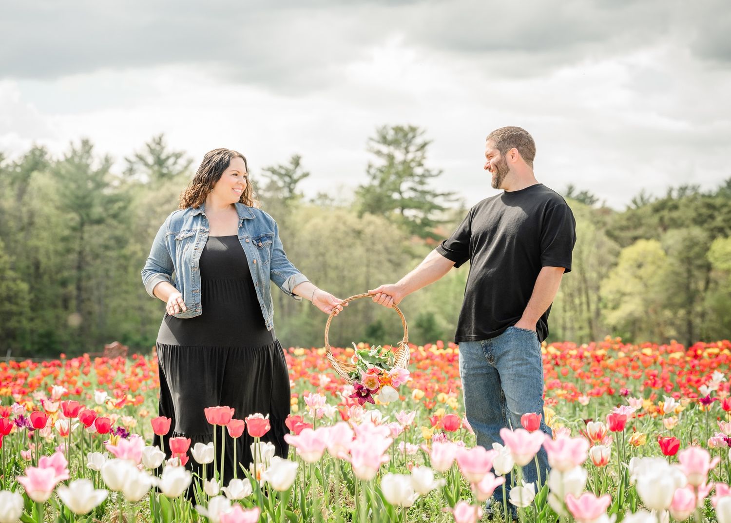 Couple holding hands in beautiful field of red and white tulips.