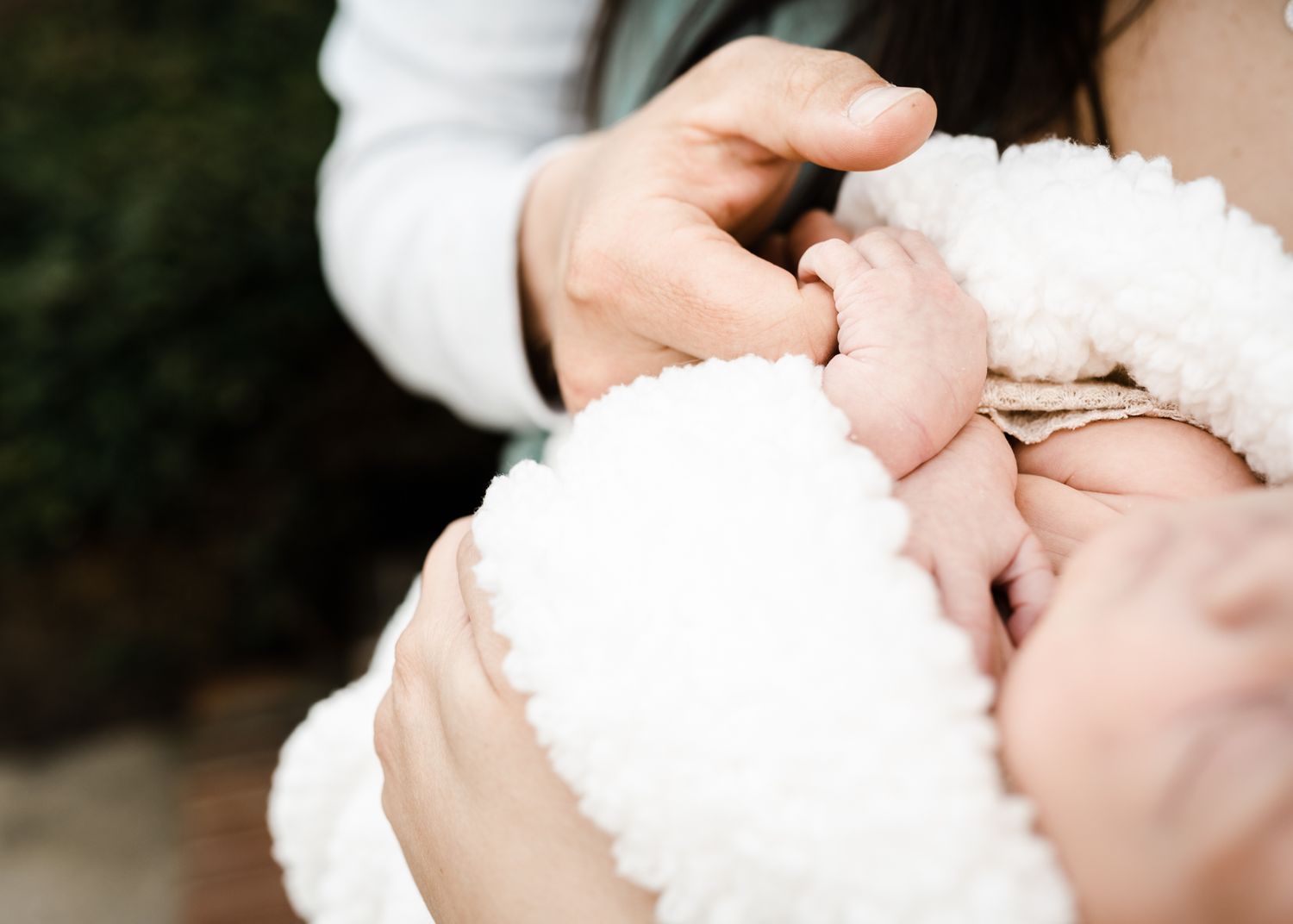 Close-up of tiny newborn baby hands wrapped in a soft white blanket.