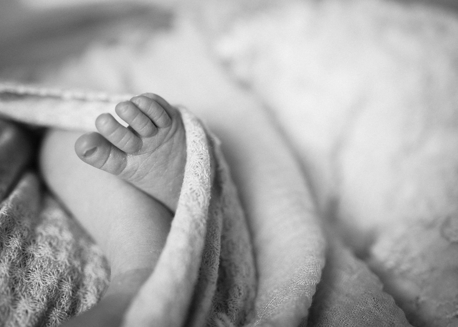 Black and white image of newborn baby foot wrapped in soft blanket.