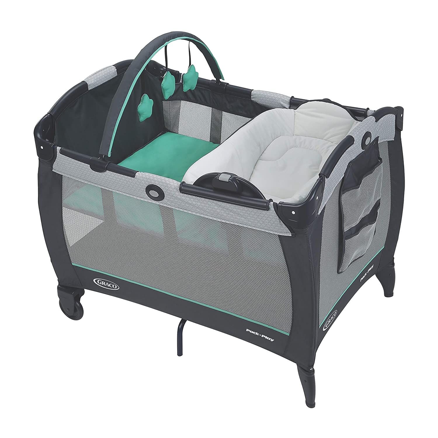 Portable gray and teal pack-n-play with removable bassinet and changing station features.