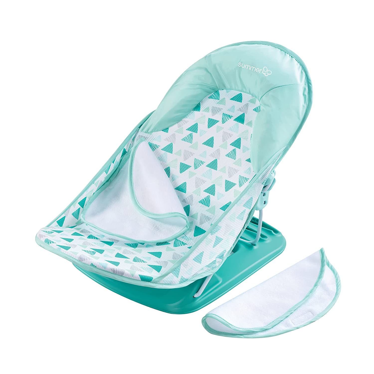 Mint green deluxe baby bather with triangle pattern design and removable head support.