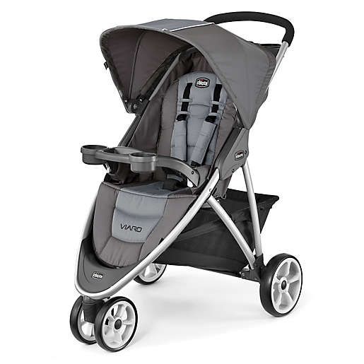 Three-wheeled gray jogging stroller with adjustable canopy and silver frame.