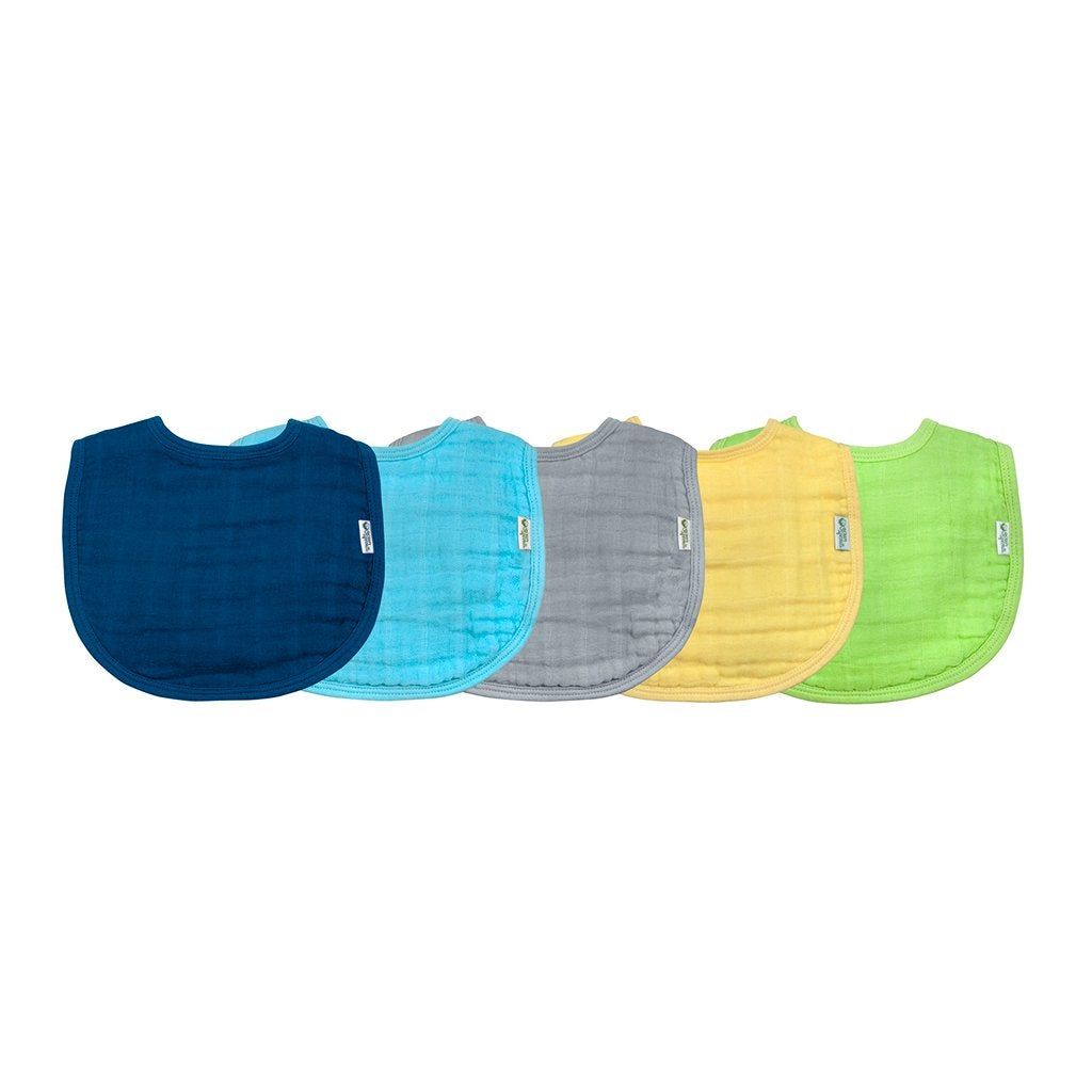 Set of five colorful baby bibs in navy, light blue, gray, yellow and lime green arranged in a row.