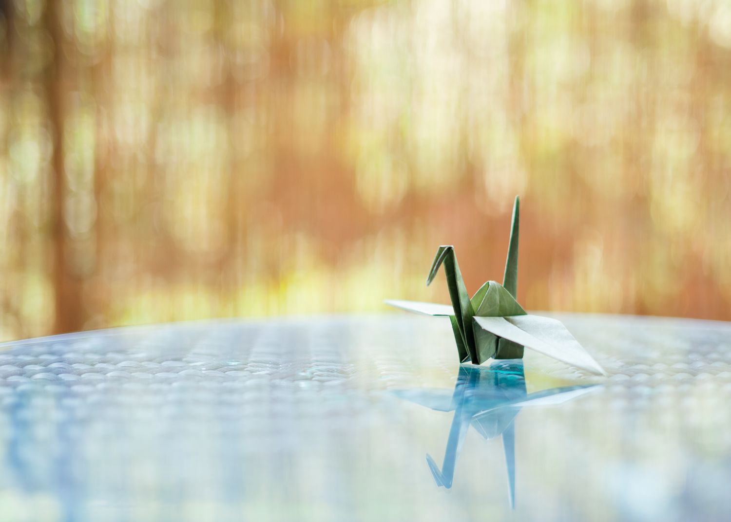 Small origami paper crane on a reflective surface with a soft golden bokeh background.