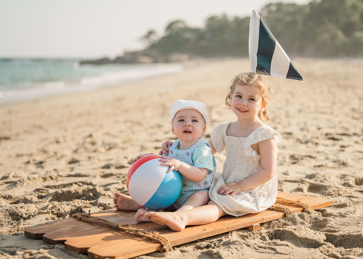 A series of beach photos showing people relaxing on wooden beach mats in the sand by the ocean.