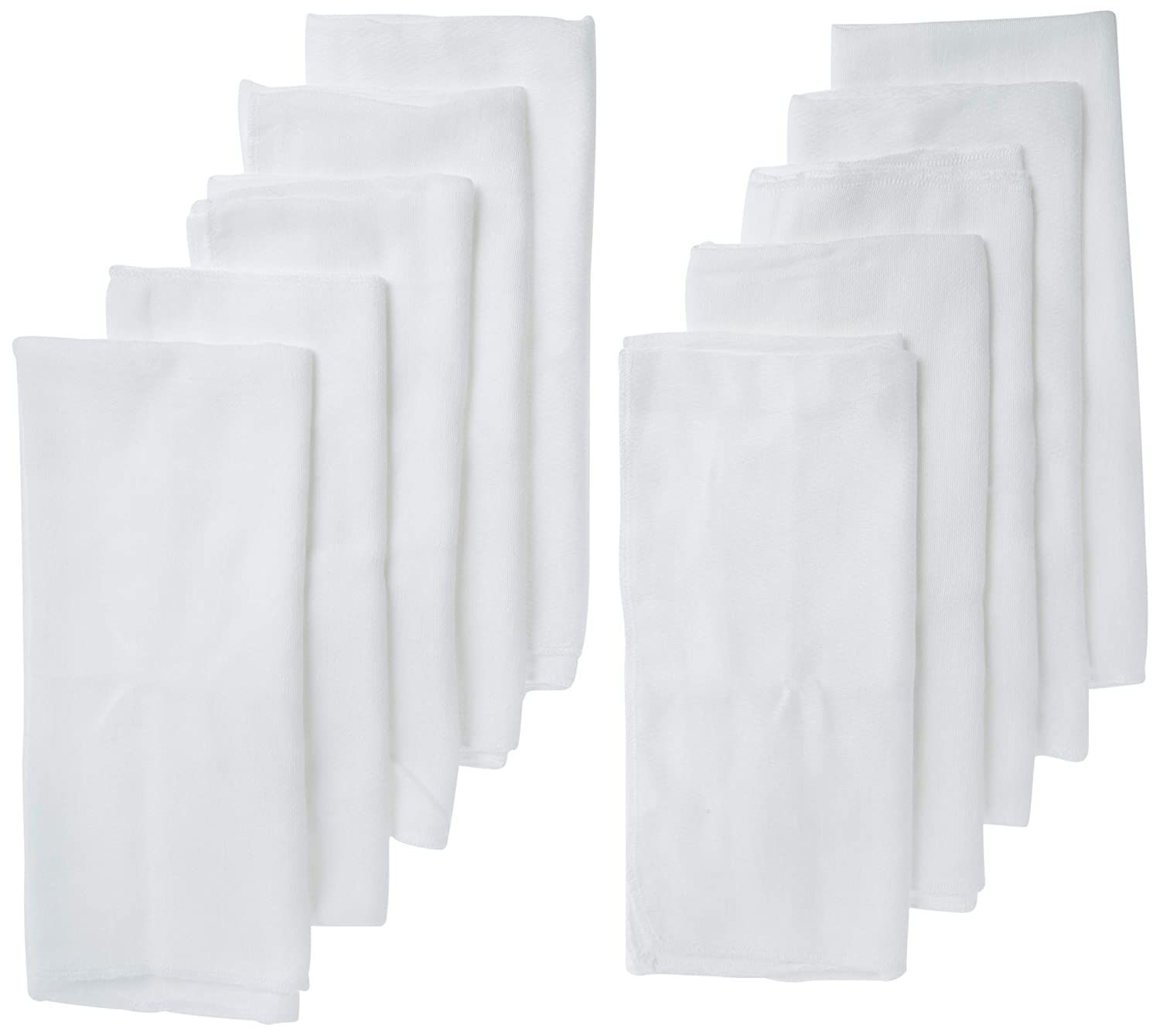 Set of ten white cotton burp cloths arranged in two neat rows against white background.