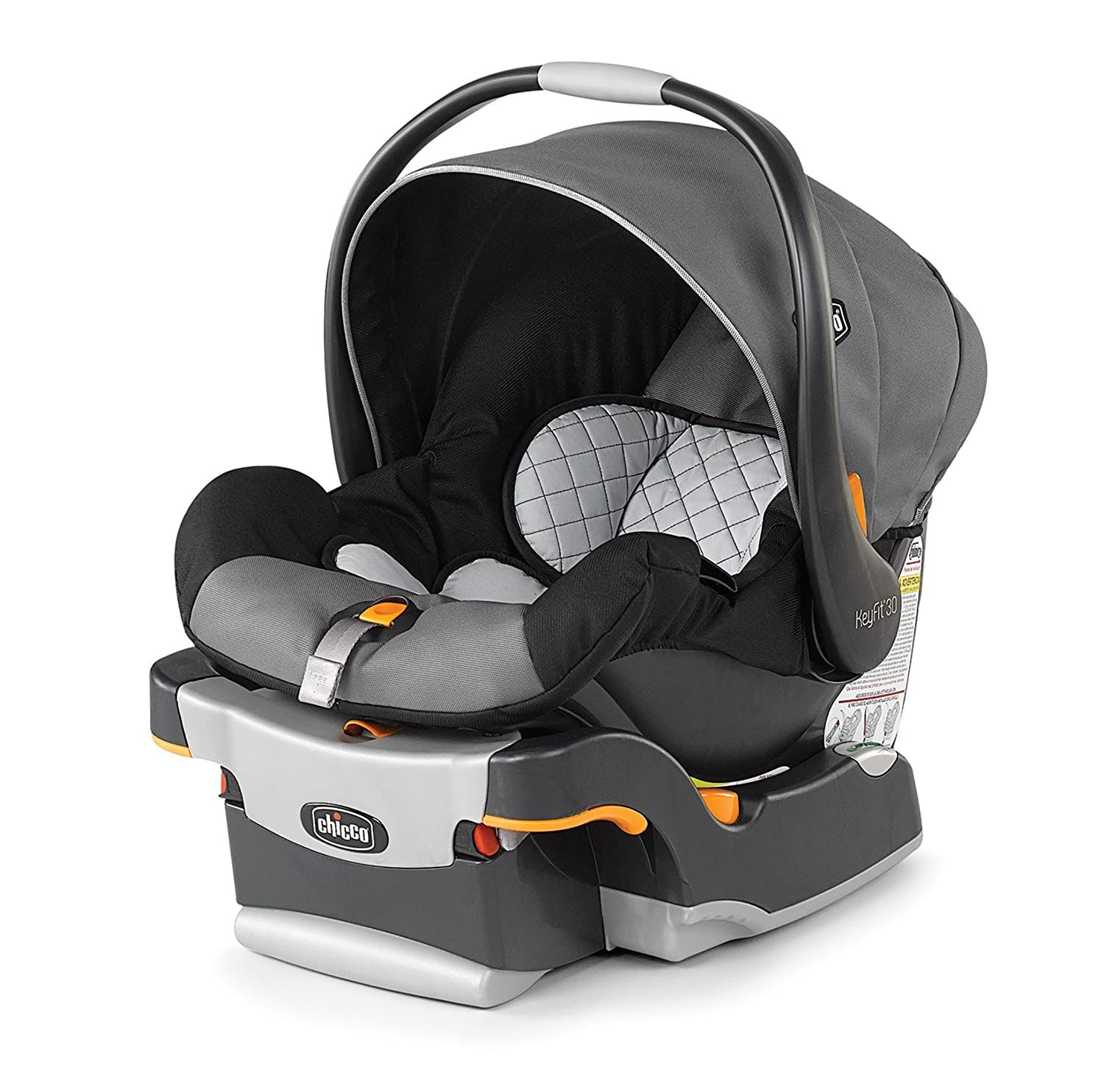 Gray and black infant car seat with padded interior and safety harness system.