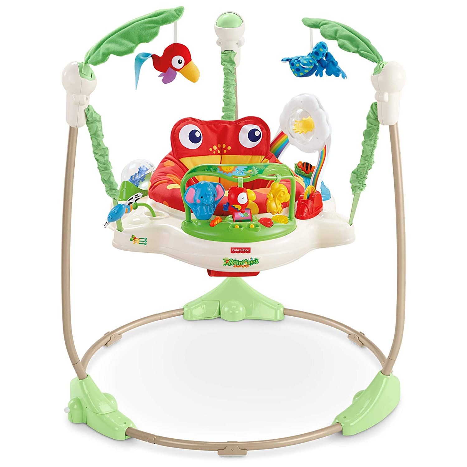 Baby jumper with frog-themed seat and colorful toy attachments on green frame.