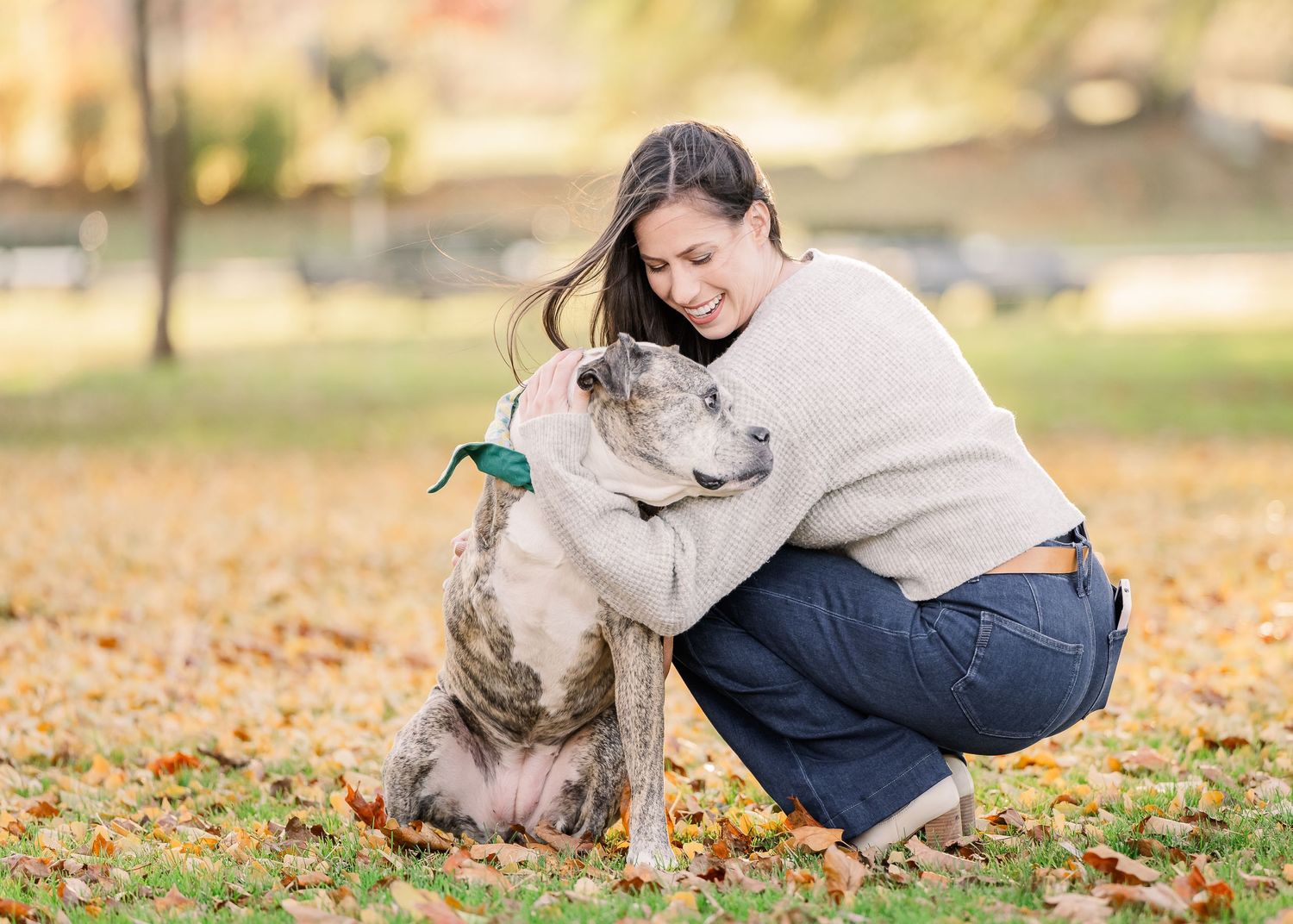 Person in a beige sweater kneels to embrace a gray dog while sitting in fallen autumn leaves outdoors.