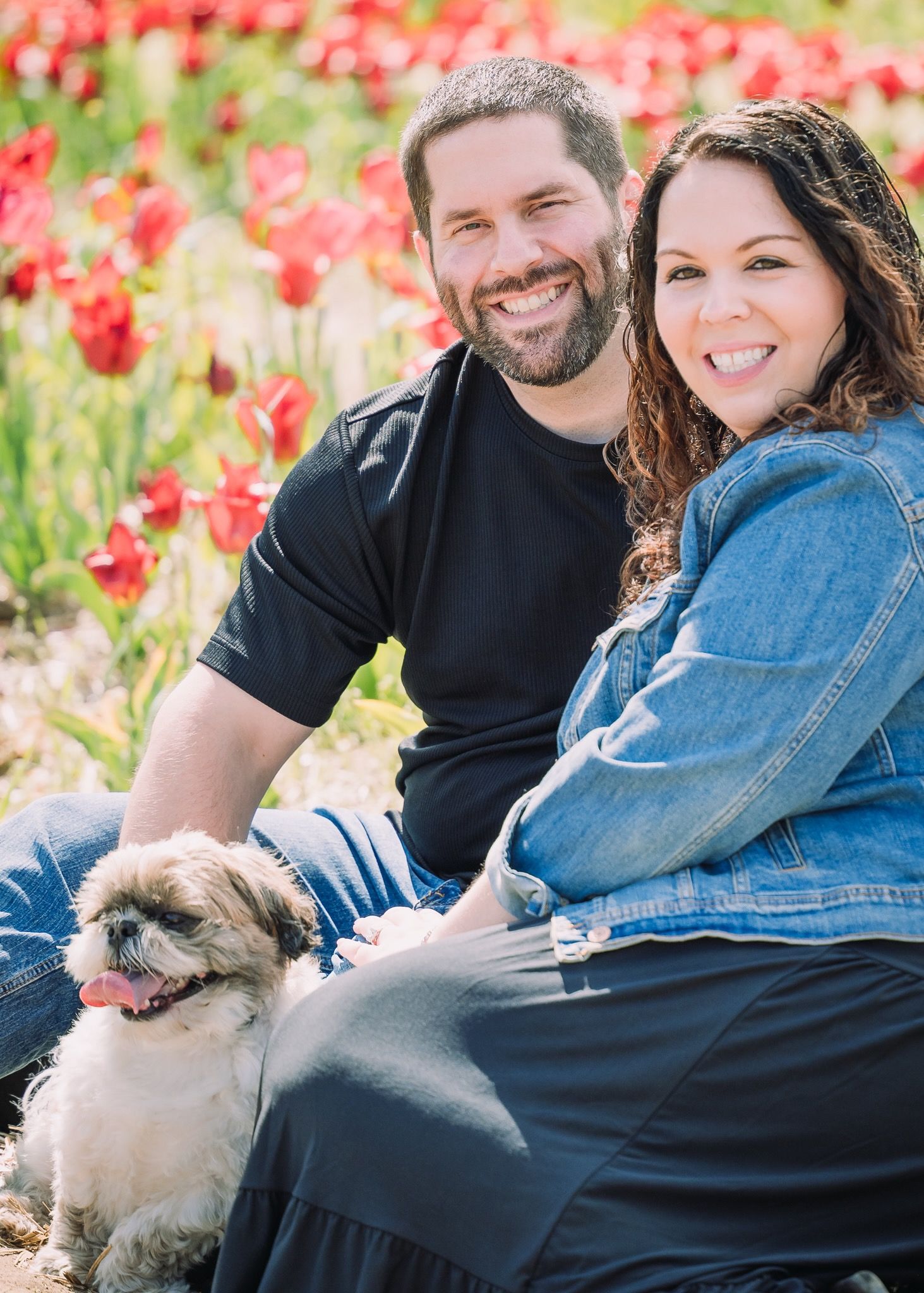 Couple posing with their small dog in a blooming tulip garden.