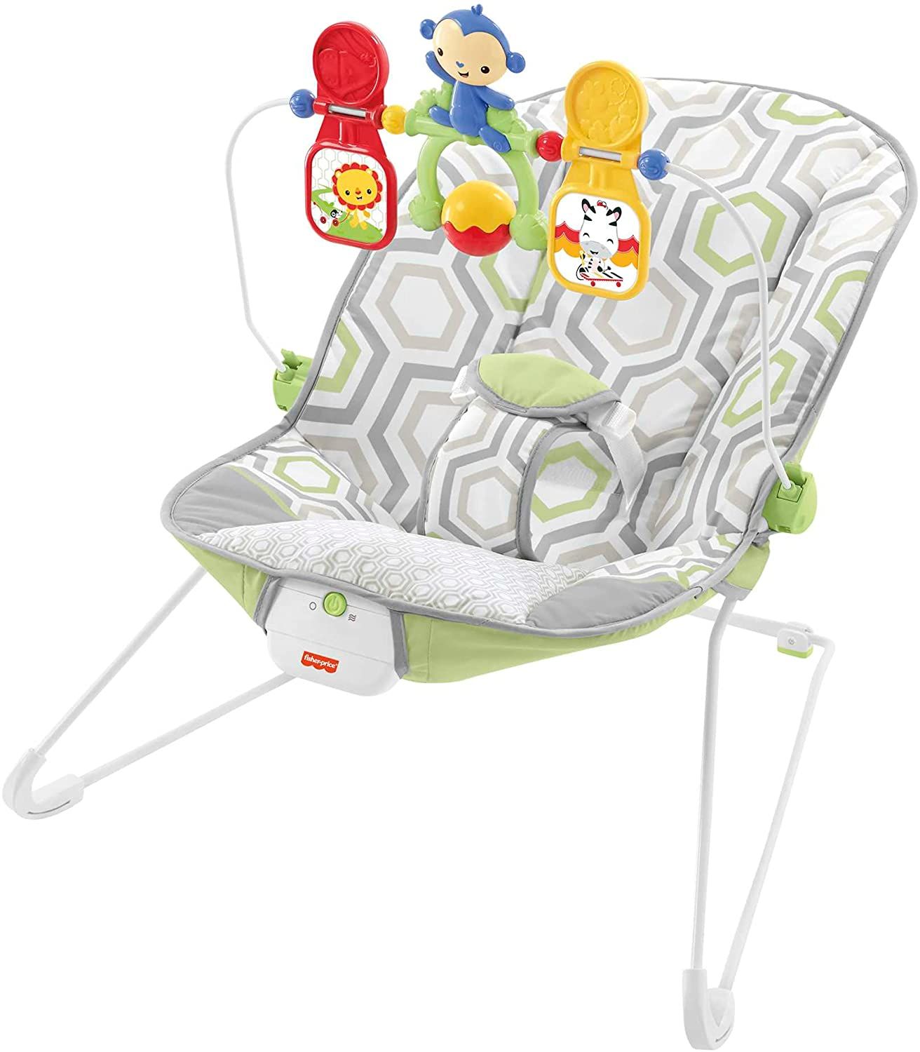 Fisher-Price baby bouncer with geometric pattern and colorful hanging toys for entertainment.