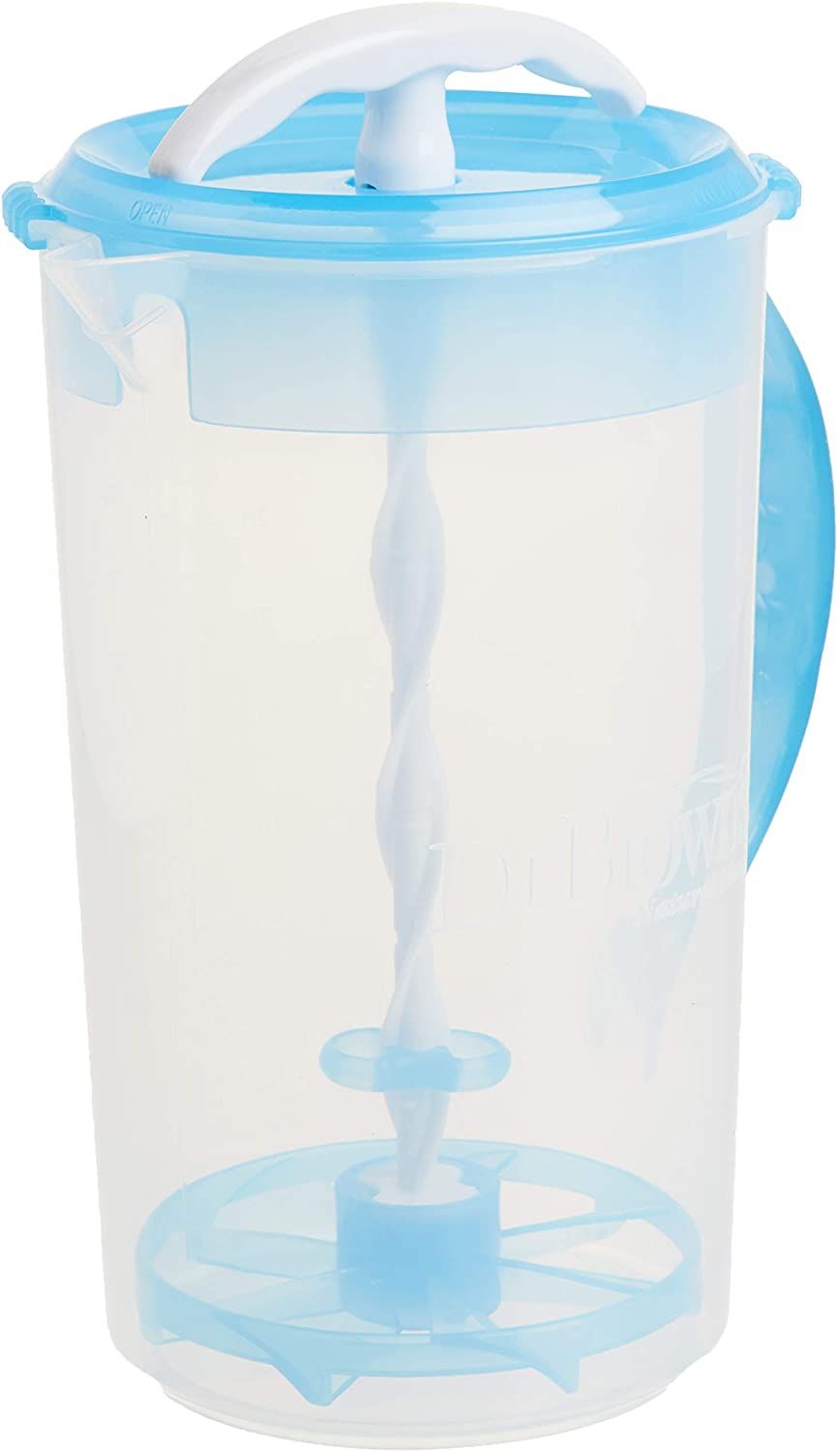 Clear plastic formula mixing pitcher with blue lid and stirring mechanism.
