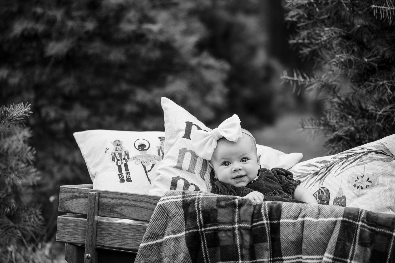 A baby peeks out from a vintage-styled black and white photograph with decorative props.
