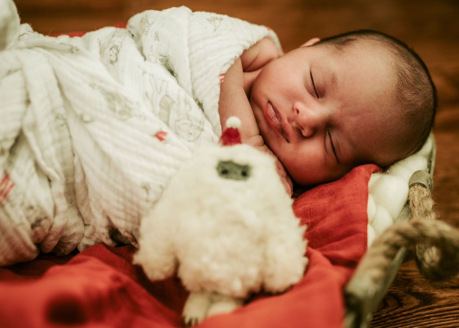Sleeping newborn baby wrapped in white blanket next to small white stuffed animal.