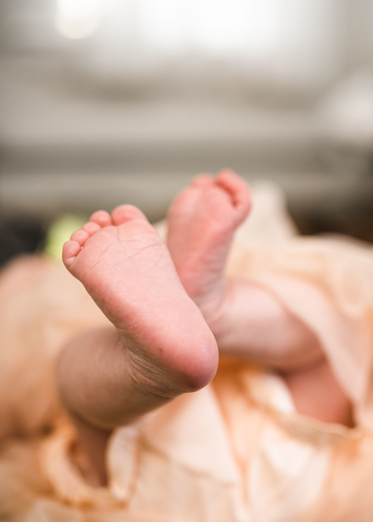 Close up of tiny newborn baby feet in soft natural lighting.