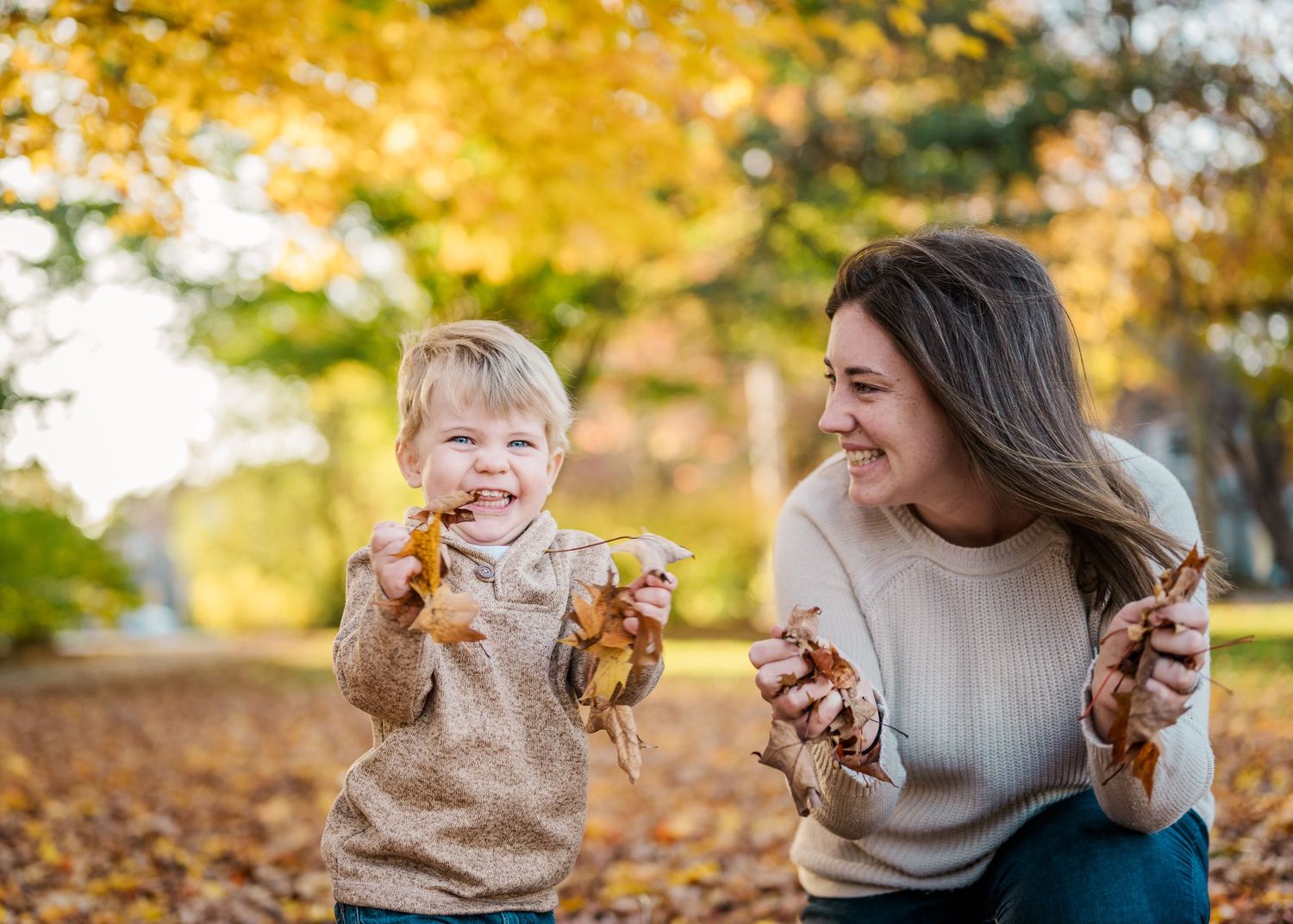 A playful moment of throwing autumn leaves in a park on a golden afternoon.