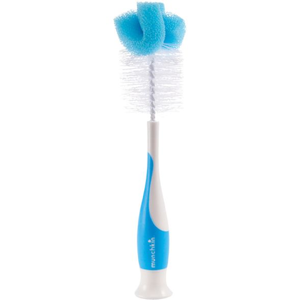 Blue and white bottle cleaning brush with soft bristles and foam top.