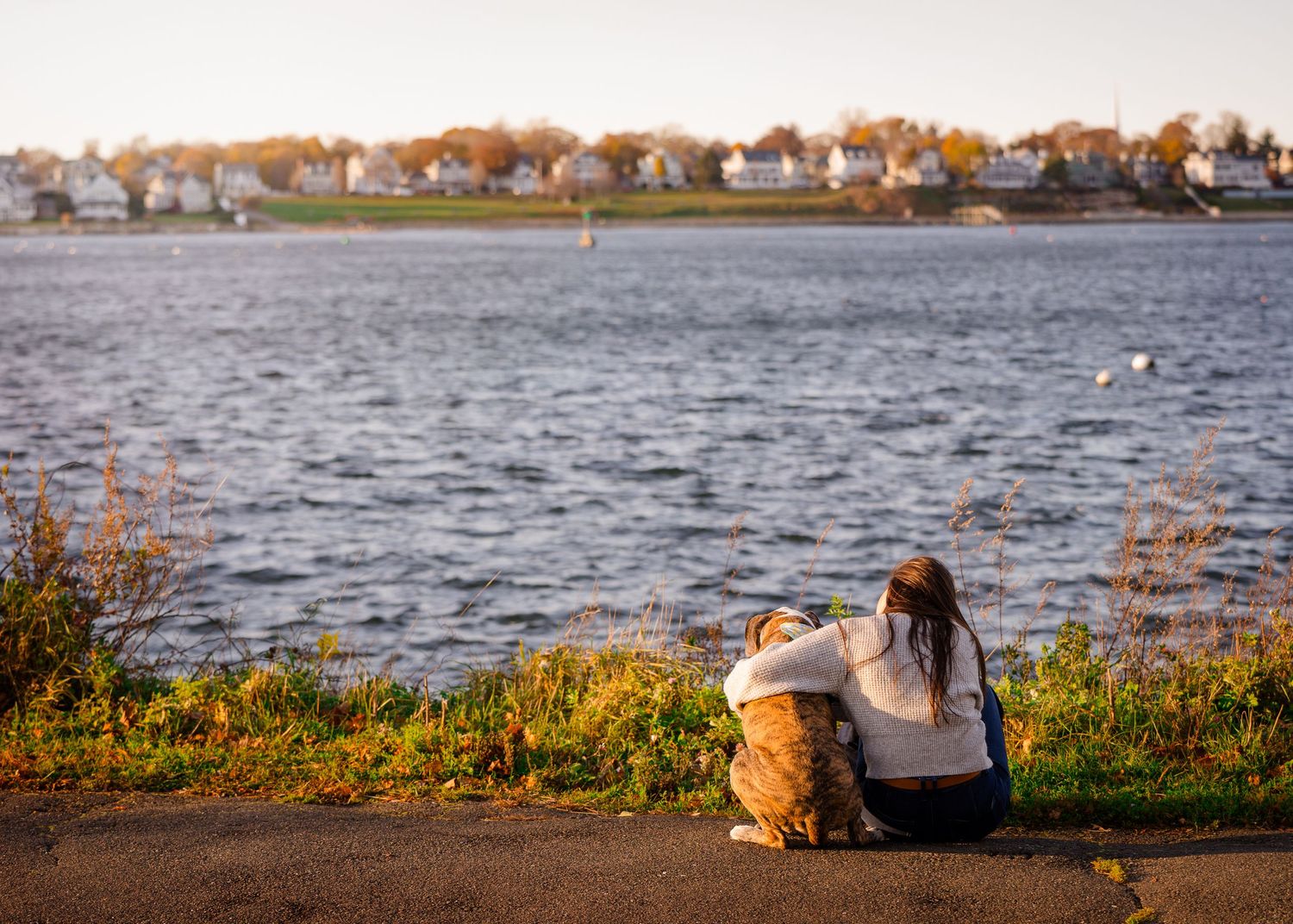 Two figures sit at waters edge watching a lake at sunset with autumn trees and houses along the distant shore.