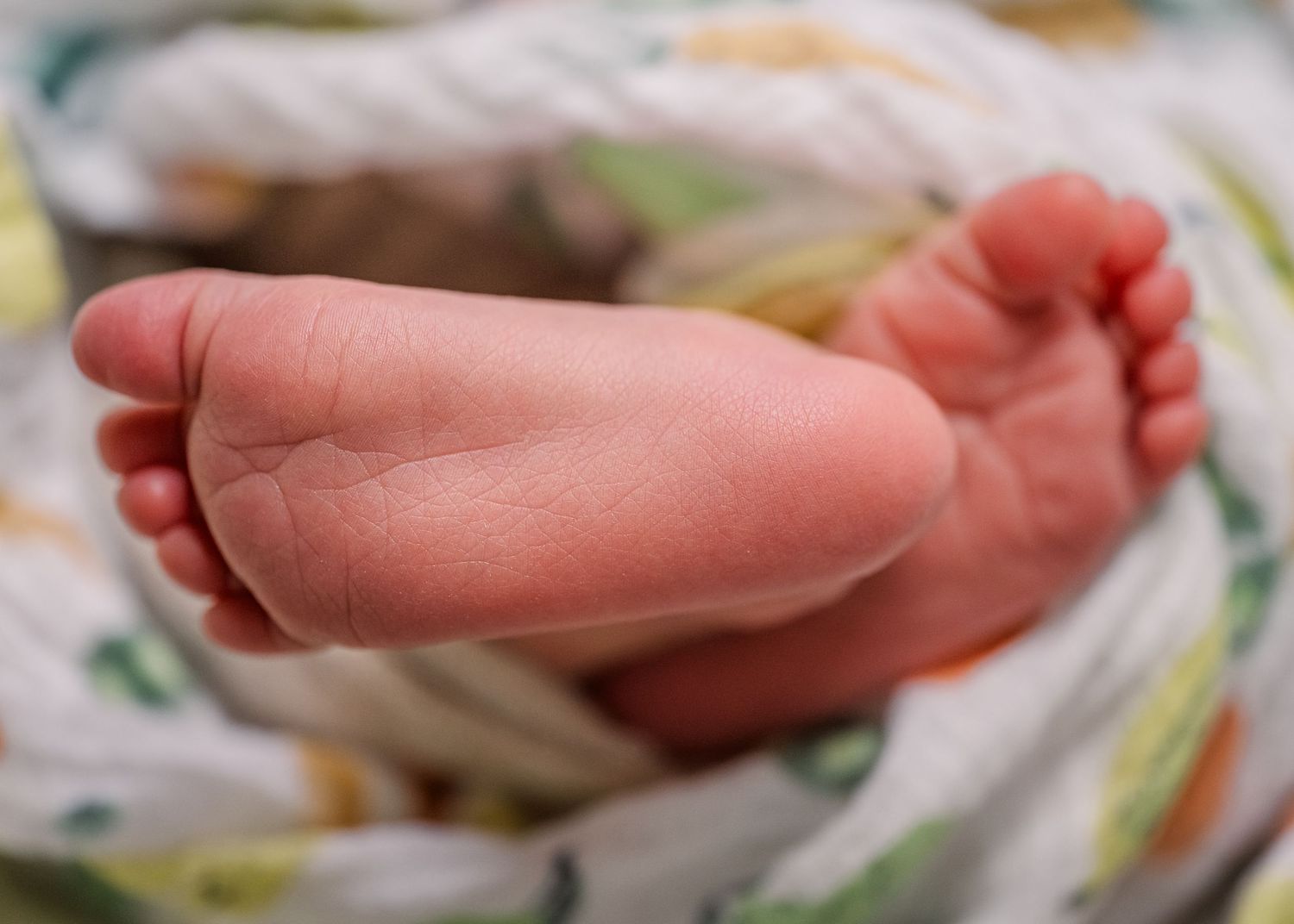 Close-up view of tiny newborn baby feet wrapped in a floral patterned blanket.