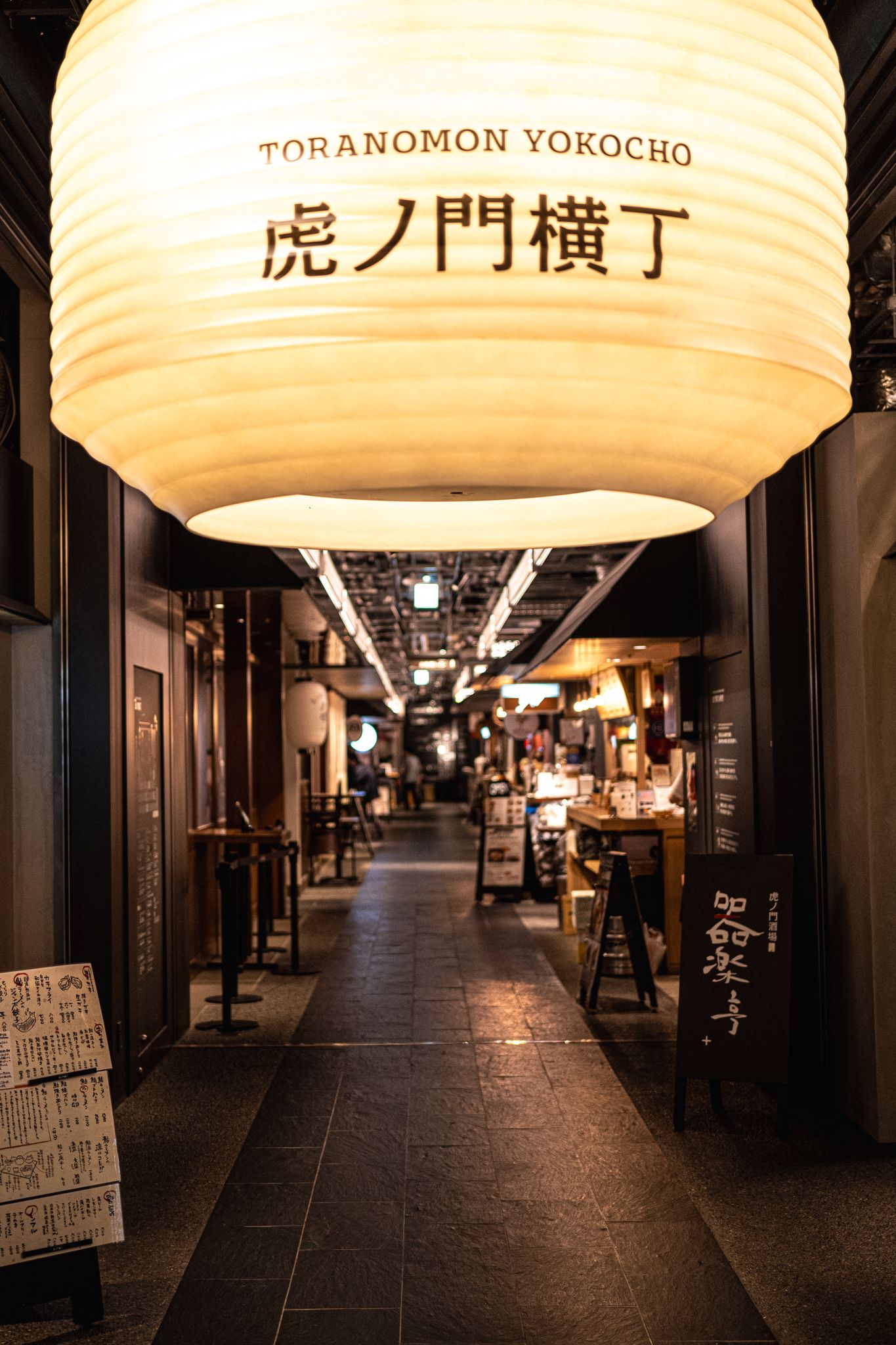 Illuminated traditional Japanese lantern lighting a narrow alley with shops and restaurants.