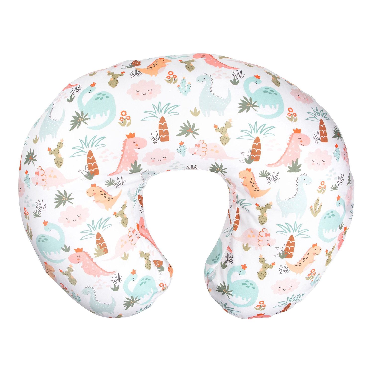 Nursing pillow with cute dinosaur and palm tree pattern on white background.