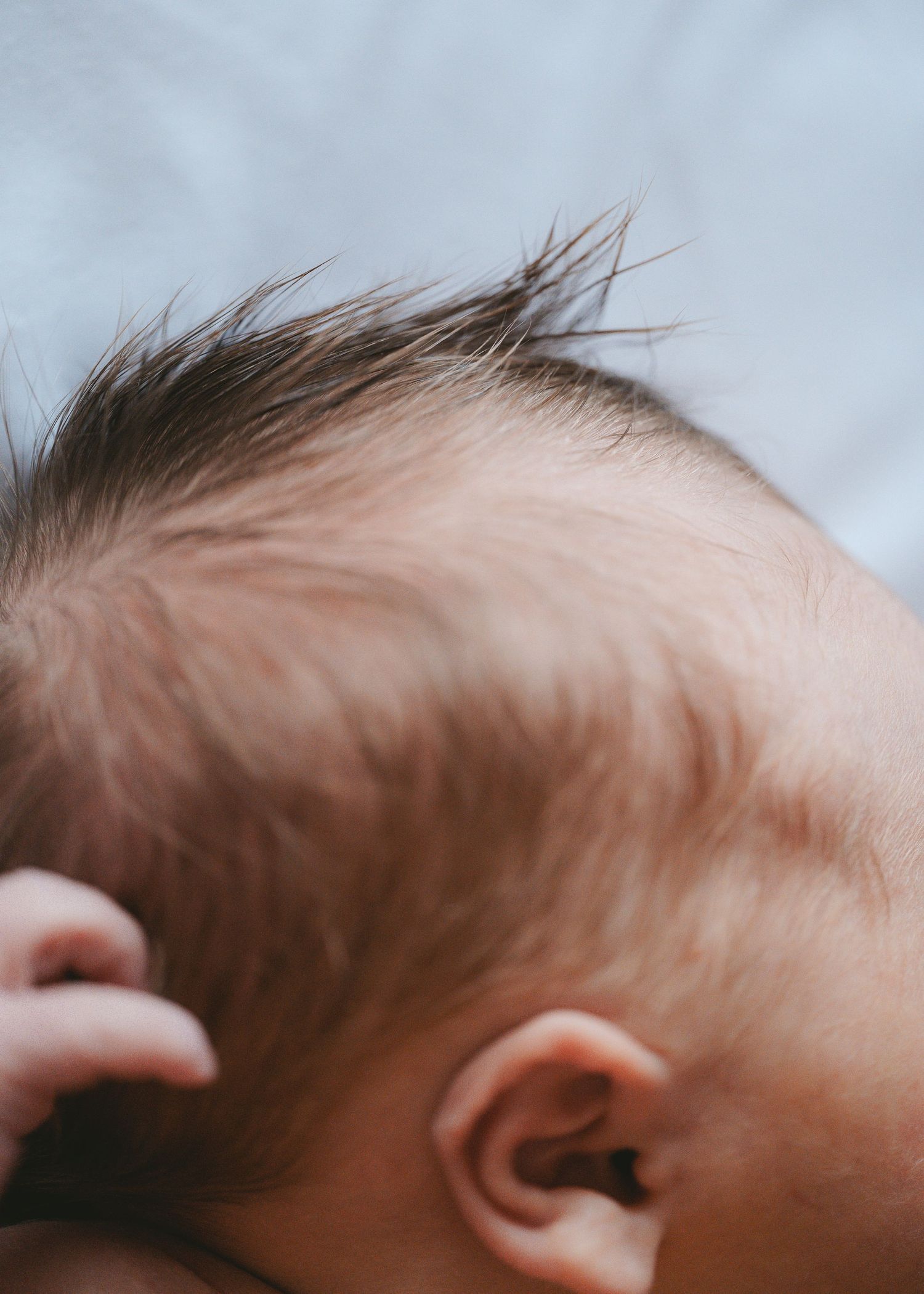 Close-up profile view showing soft baby hair and ear.
