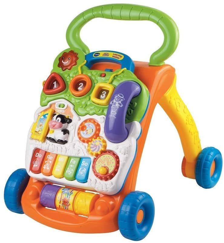 Colorful baby walker toy with interactive piano keys and educational activities.