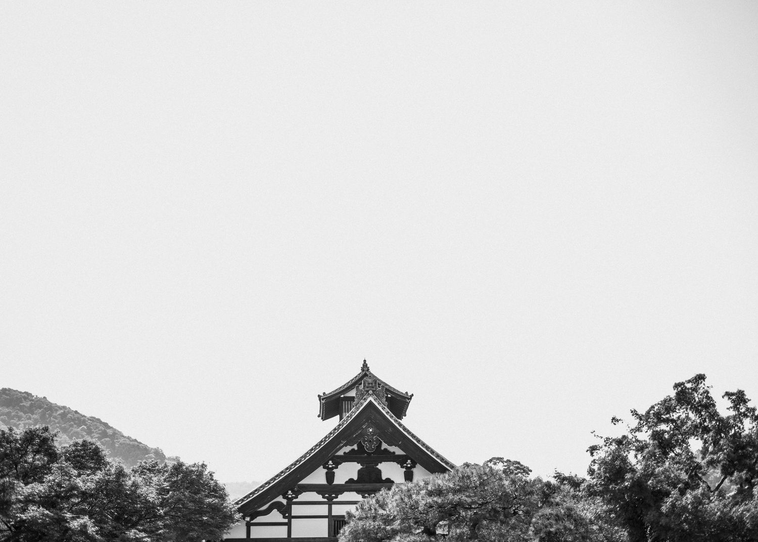 Traditional Japanese temple roof peeking above trees against a grey sky in black and white.
