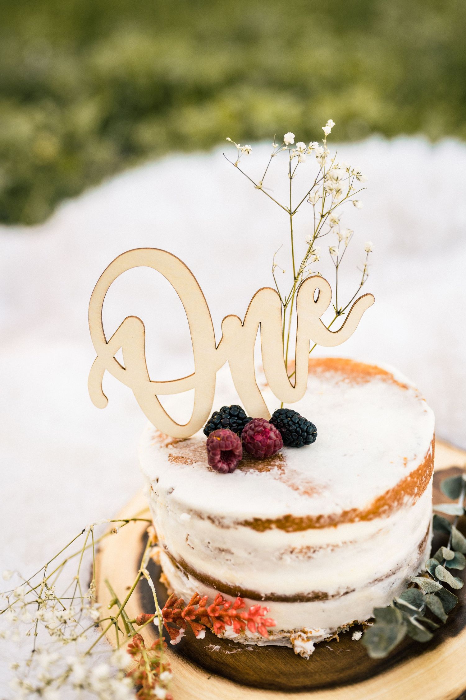 Rustic naked cake decorated with berries, baby's breath and wooden 'One' topper.
