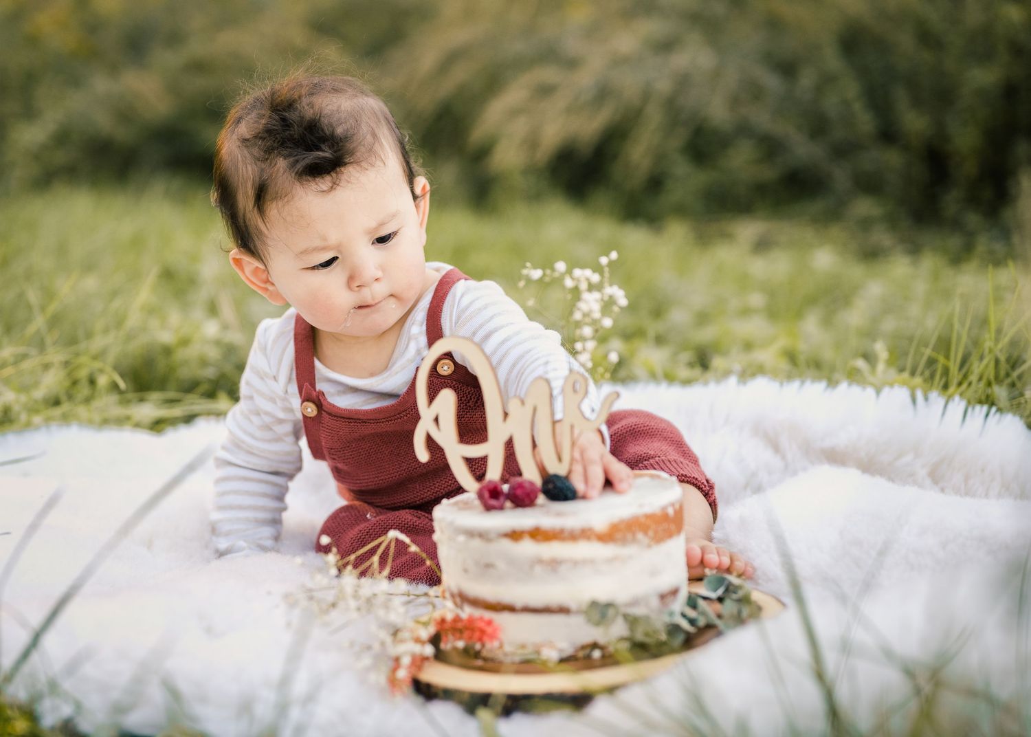 Baby in red overalls exploring first birthday cake during outdoor photo session.