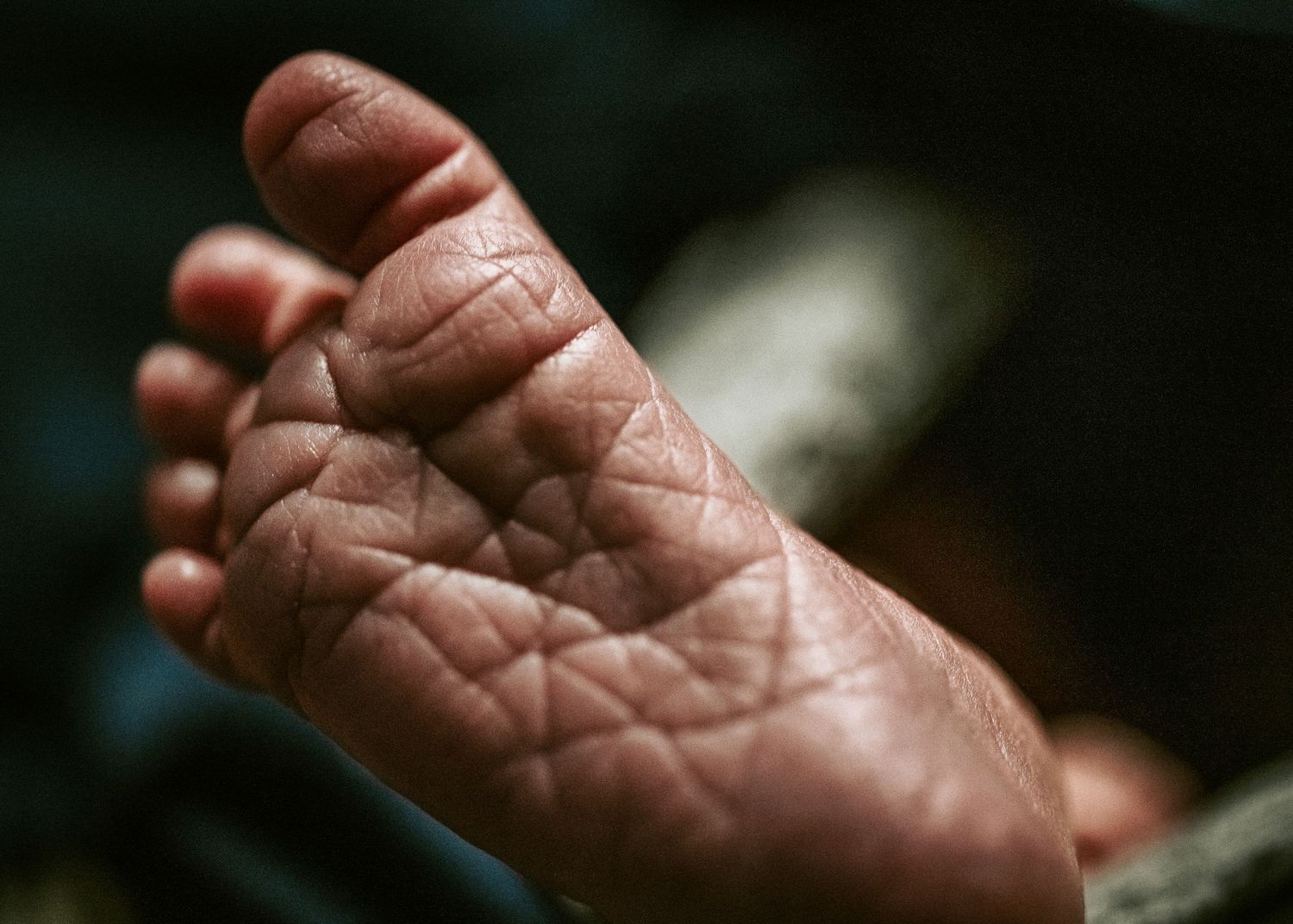 Close-up macro shot of a newborn baby's wrinkled foot.