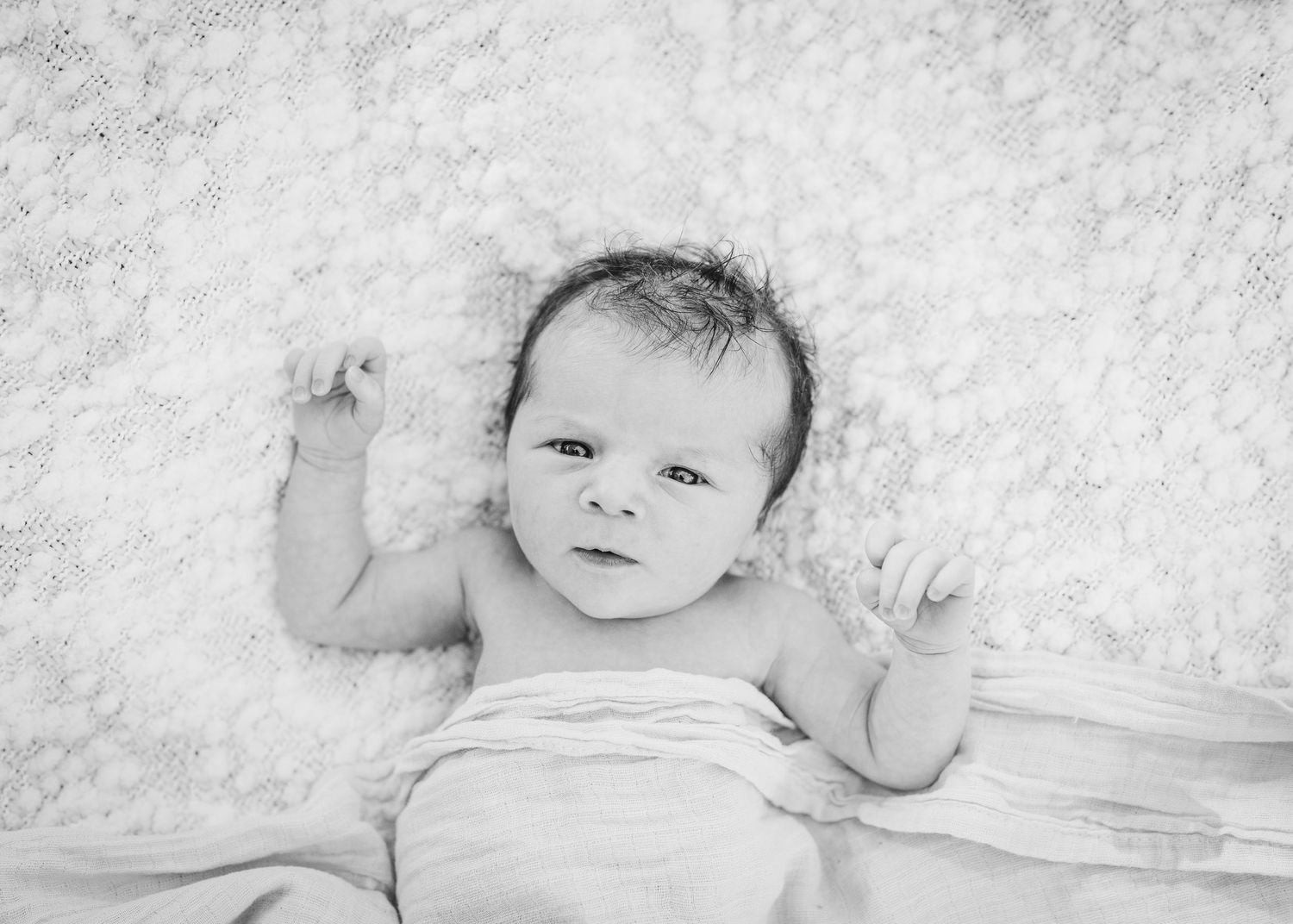 Black and white portrait of newborn baby on textured background.