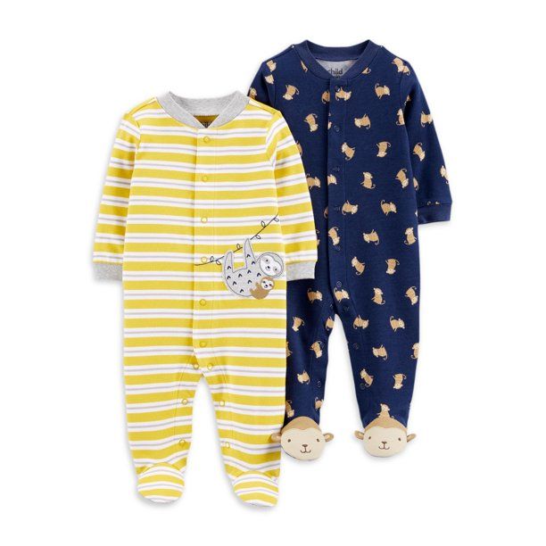 Two baby sleepers featuring yellow stripes and navy blue patterns with animal designs.