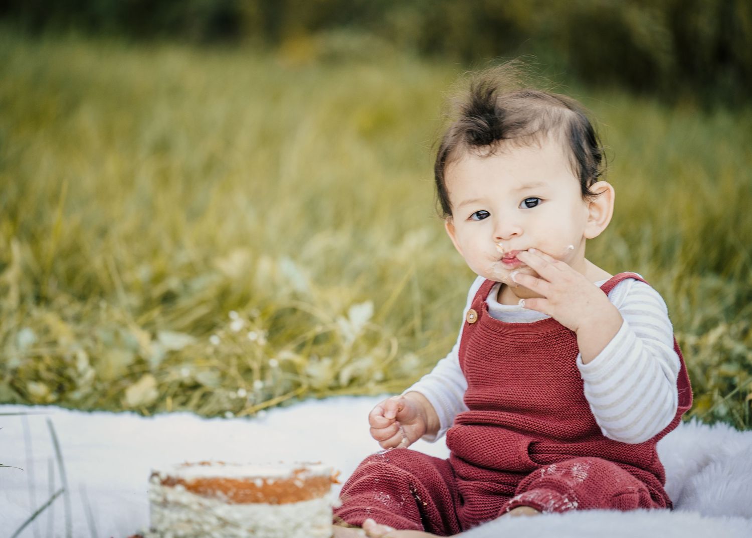 Baby in red overalls sits on blanket outdoors with birthday cake.